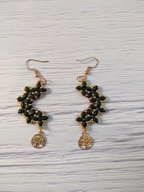 Gold and Black Beaded Dangle Earrings with Tree of Life Charm - Women Jewelry